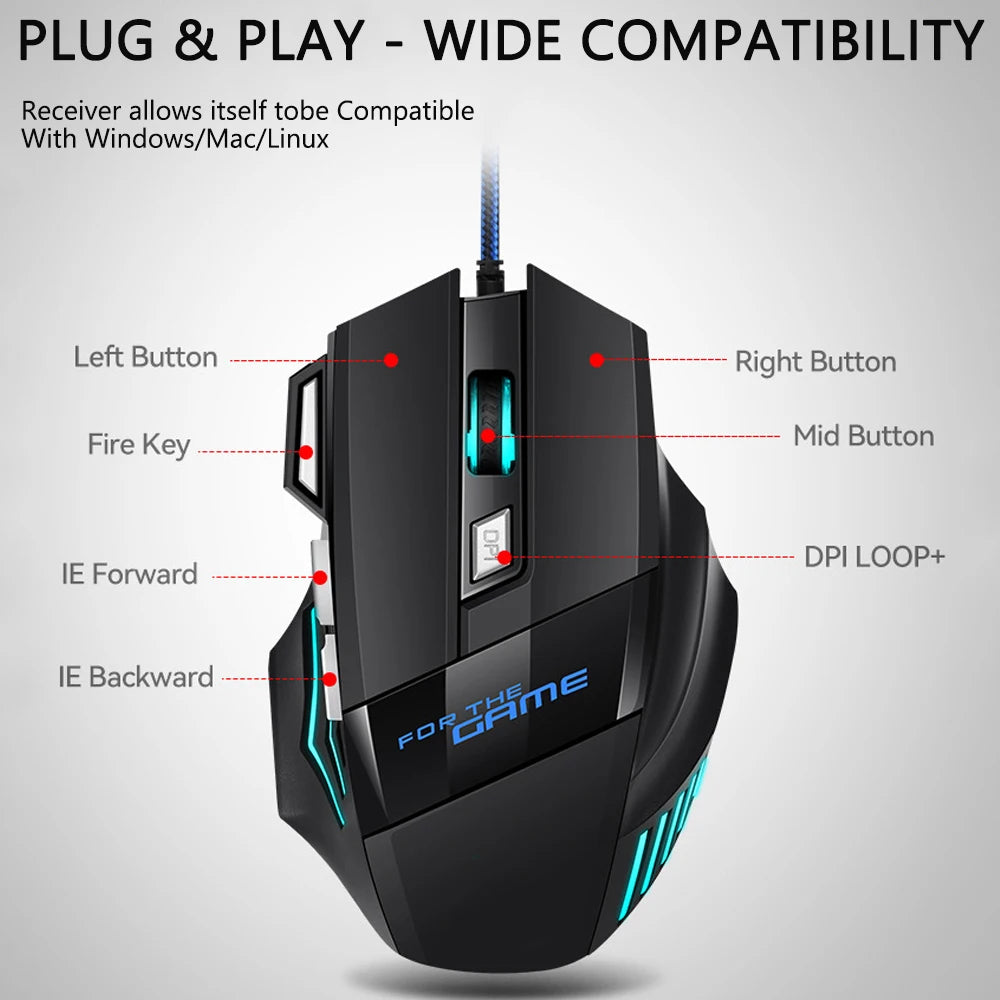 USB Wired Gaming Mouse RGB 2400 DPI Ergonomic Optical Mouse with 7 Buttons, RGB Backlit USB Wired Gaming Mouse for PC, Laptop & Office
