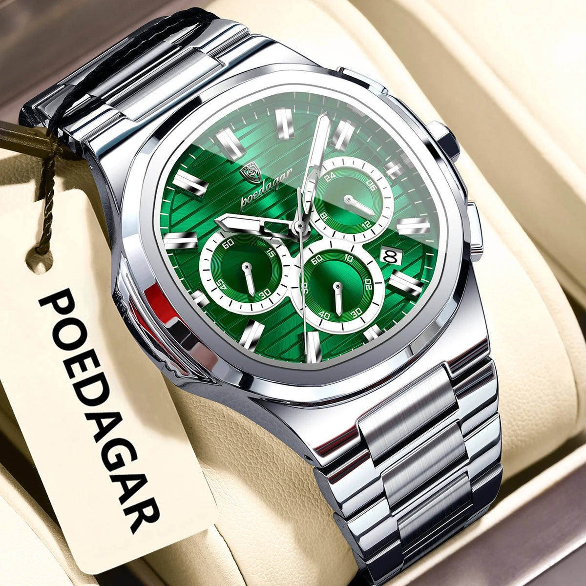 Montre-bracelet homme d'affaires POEDAGAR, chronographe avec date, étanche et lumineuse, de luxe, en acier inoxydable et à quartz.