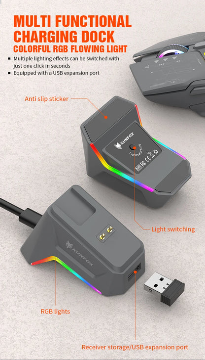 XUNSVFOX H2 trådlös Bluetooth-mus med dubbla lägen, RGB-belysning, för laptop, gaming och kontor, magnetisk laddning