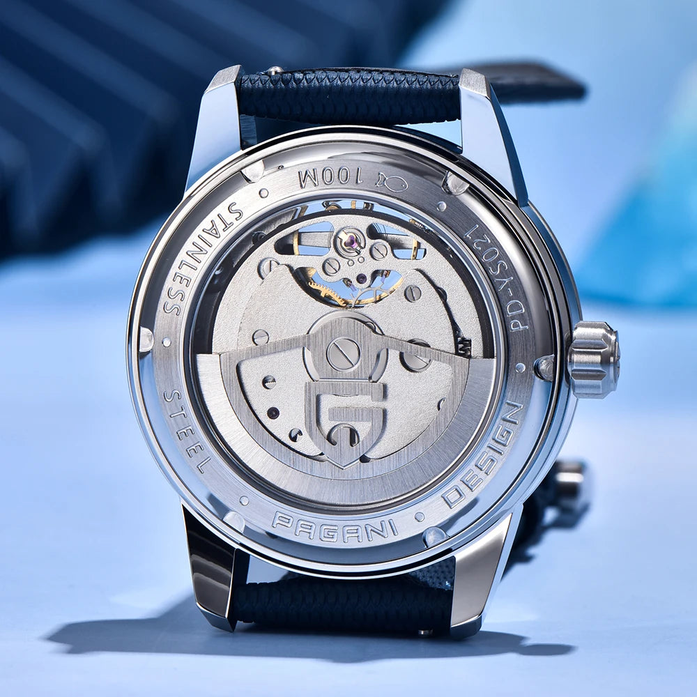 PAGANI DESIGN – Relógio mecânico de luxo para homem, 41 mm, vidro de safira, bracelete em pele, estanque, estilo piloto, com turbilhão e fase lunar