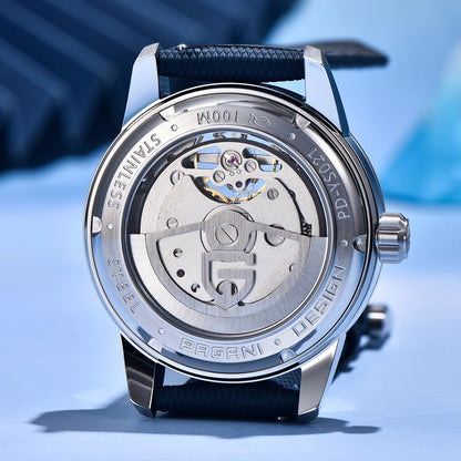 PAGANI DESIGN – Relógio mecânico de luxo para homem, 41 mm, vidro de safira, bracelete em pele, estanque, estilo piloto, com turbilhão e fase lunar