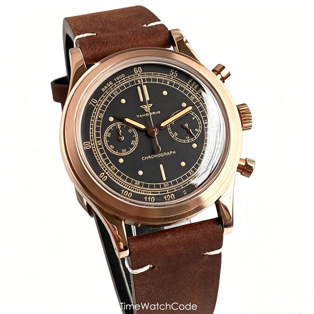 38mm Tandorio Retro Men's Watch Sport Watches Miyota OS20 Movement Chronograph Quartz Clock Black Dial Bubble Arched Glass