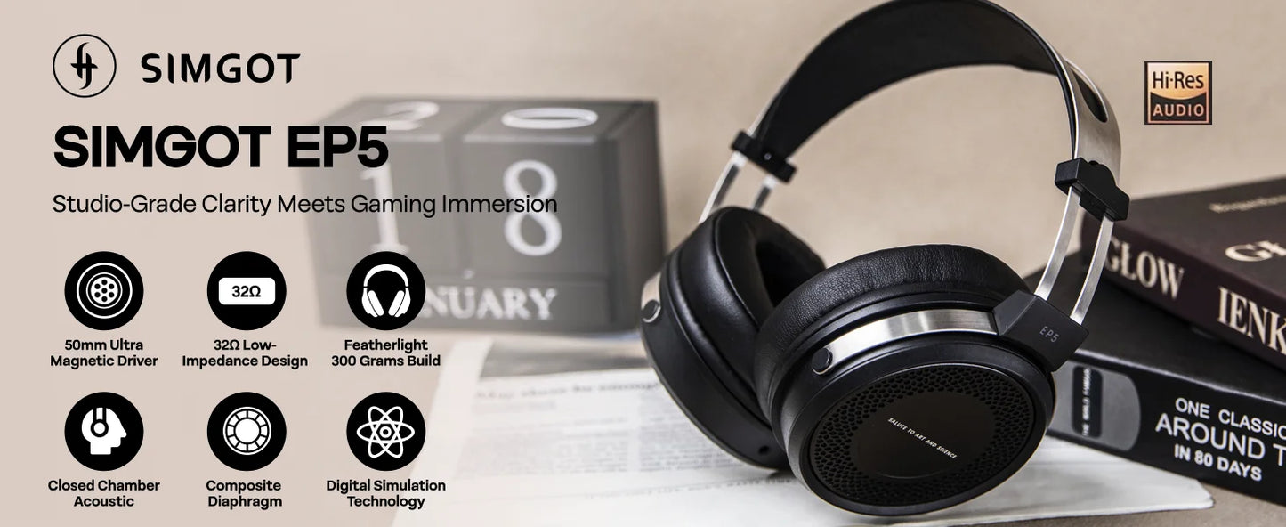 SIMGOT EP5 High-Performance 50mm Dynamic Driver Wired Headphones – HiFi Gaming Headset, Low Impedance, High Sensitivity, 7.1 Surround Sound