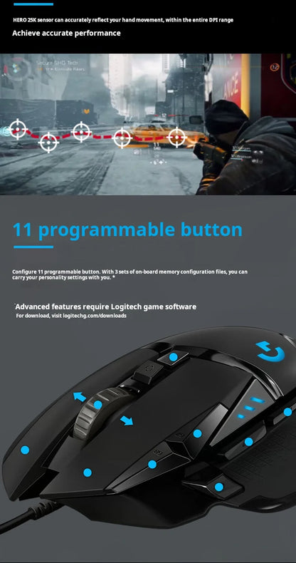 Logitech G502 HERO Gaming Mouse – Wired Gaming Mouse with HERO 25K Sensor, 25,600 DPI, 11 Programmable Buttons, RGB & Adjustable Weights