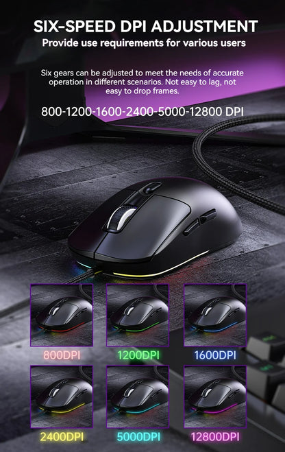 Xundler Wired Gaming Mouse 12800 DPI RGB Programmable Ergonomic USB Gaming Mouse with Instant A825 Sensor, 6 Adjustable DPI Levels for PC & Laptop