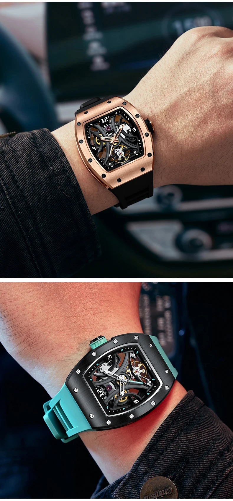Luxury Automatic Watch Men Sports Barrel Skeleton Design Mechanical Movement Silicone Strap 5 ATM Waterproof Watches