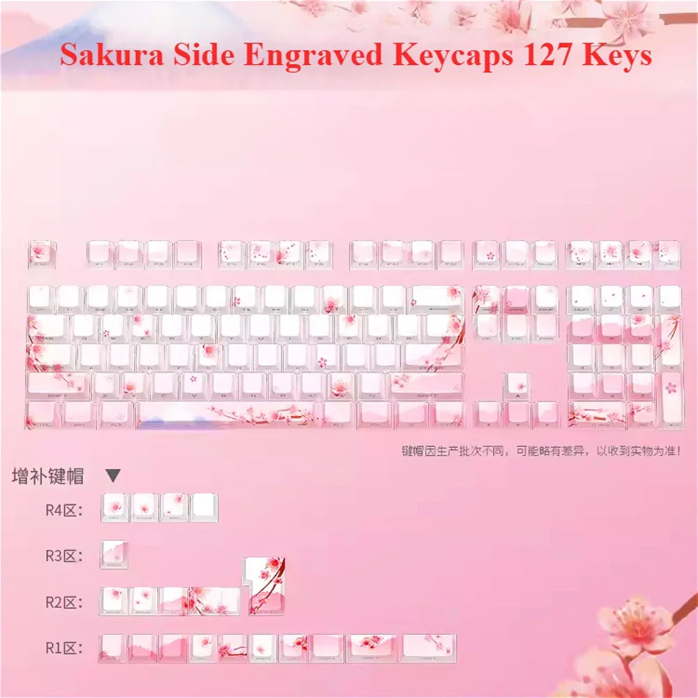 Sakura Pink Side Engraved Keycap Set PBT Translucent 127 Keys for MX Switch 60/84/90/104/108 Mechanical Keyboards