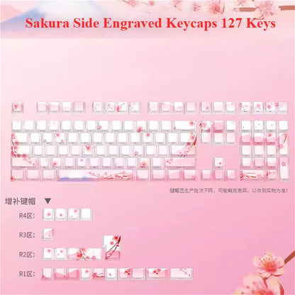 Sakura Pink Side Engraved Keycap Set PBT Translucent 127 Keys for MX Switch 60/84/90/104/108 Mechanical Keyboards