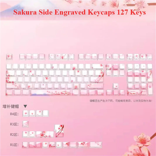 Sakura Pink seitlich graviertes Keycap-Set aus transluzentem PBT, 127 Tasten, für MX-Switches und mechanische Tastaturen mit 60/84/90/104/108 Tasten