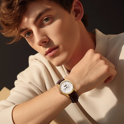 BERNY Men Watch Date Weeks Moon Phase Quartz Watches for Men Stainless Steel Leather Strap Business Wristwatch Male Clock