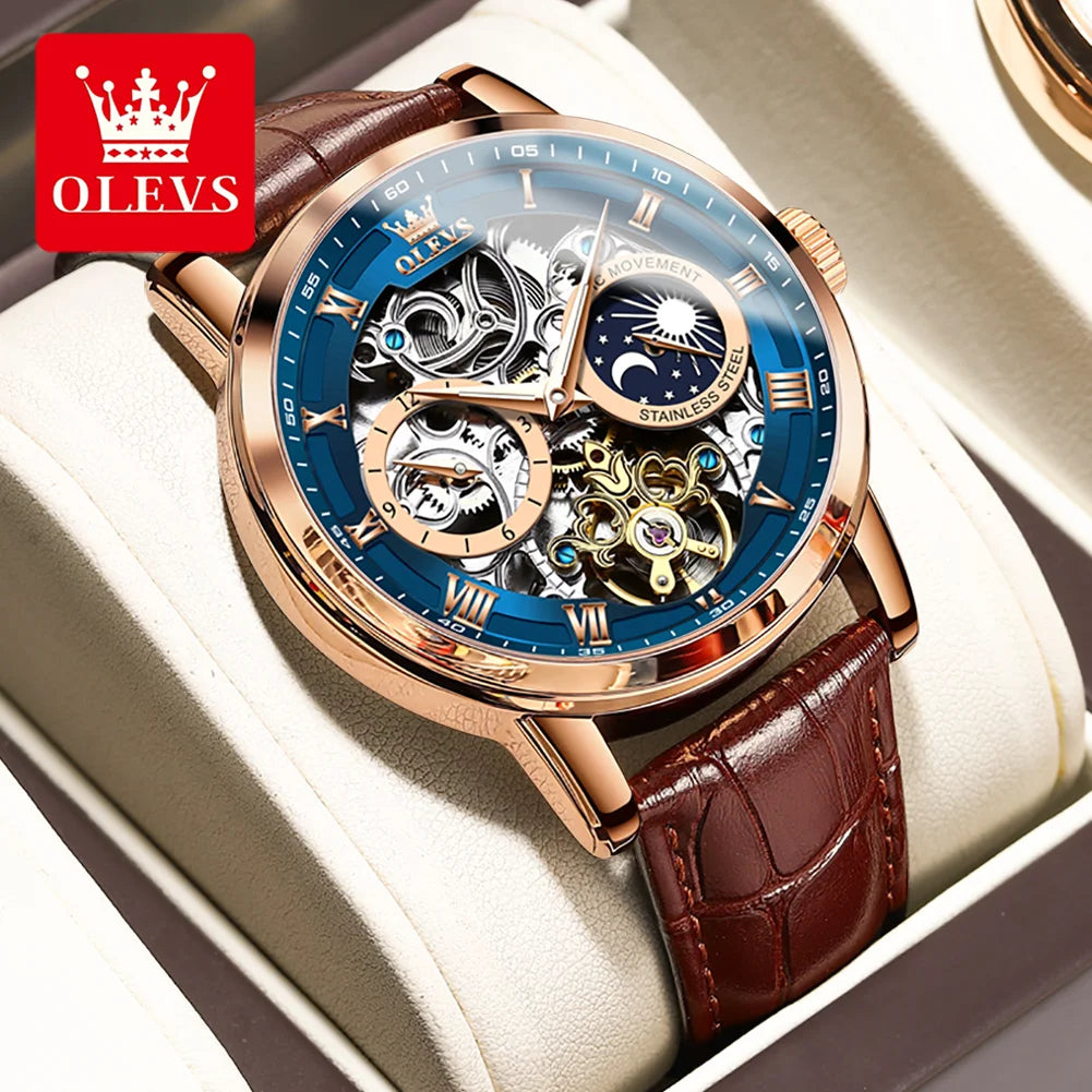 OLEVS Top Brand Men's Skeleton Mechanical Watch Waterproof Leather Strap Men Moon Phase Automatic Tourbillon Wristwatch for Men
