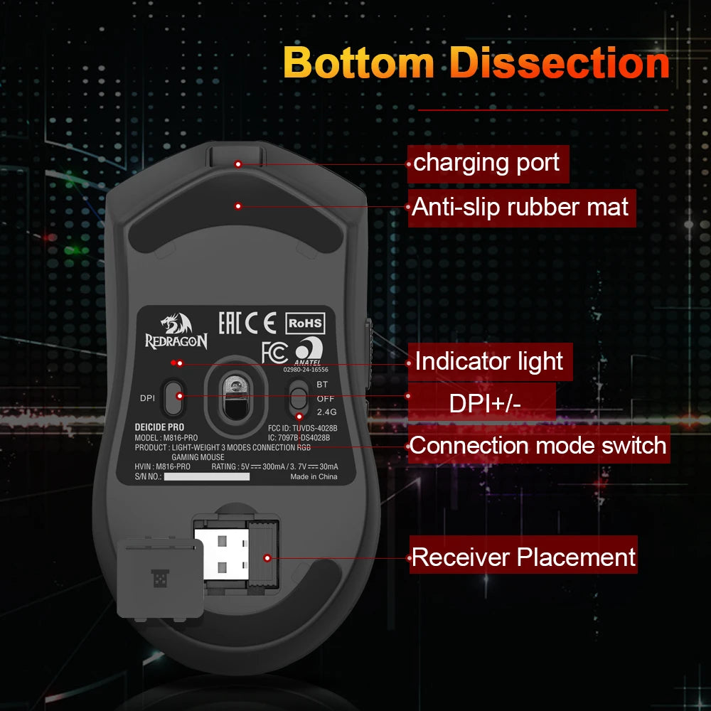REDRAGON DEICIDE M816 PRO RGB USB Bluetooth-tuki 2.4G Langaton pelihiiri 26000 DPI 6 painiketta pelaajalle Langalliset hiiret tietokoneelle