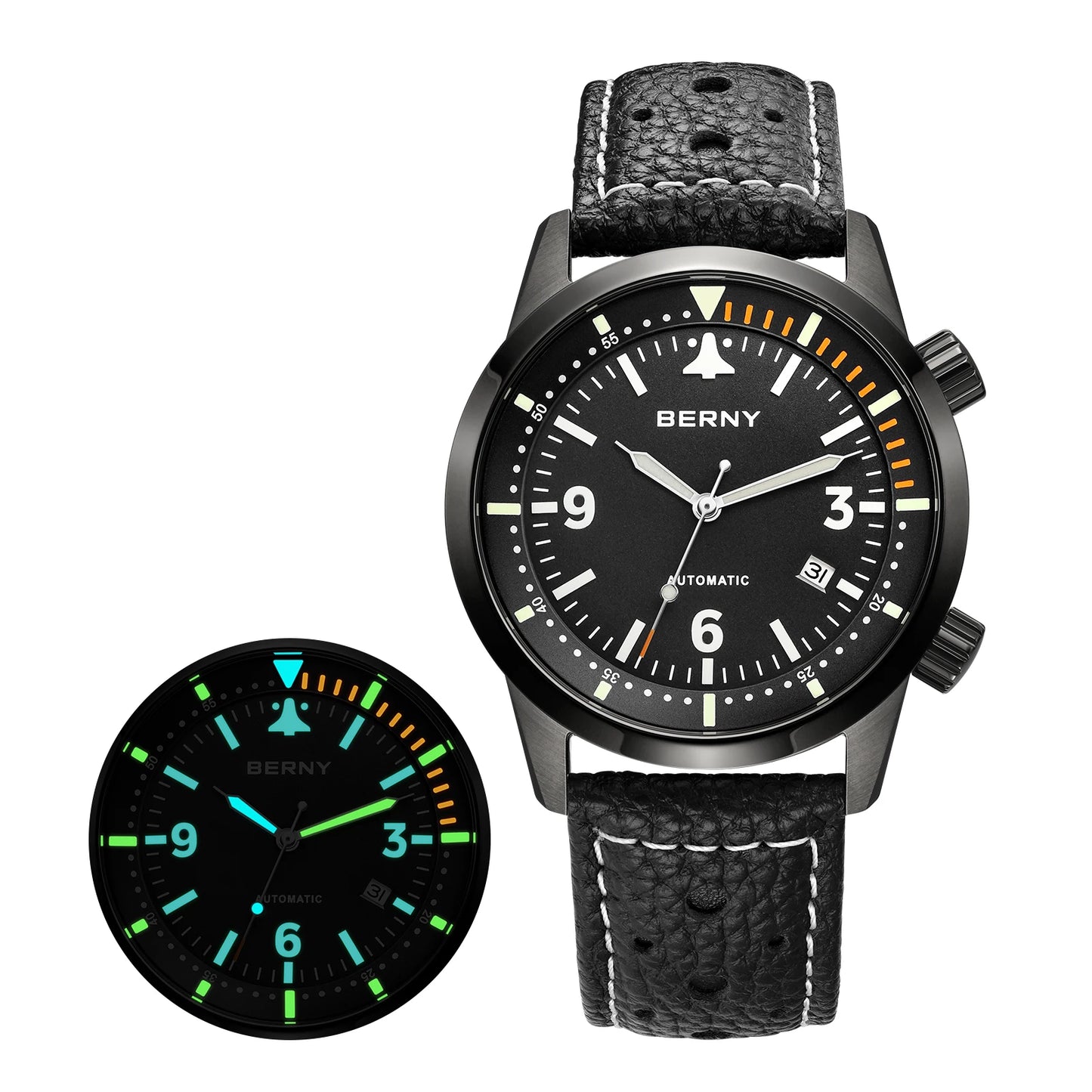 BERNY Men's Automatic Diver Watch Supper Luminous Sapphire AR Coated MlYOTA 8215 Leather Strap Mechanical Diving Watches for Men