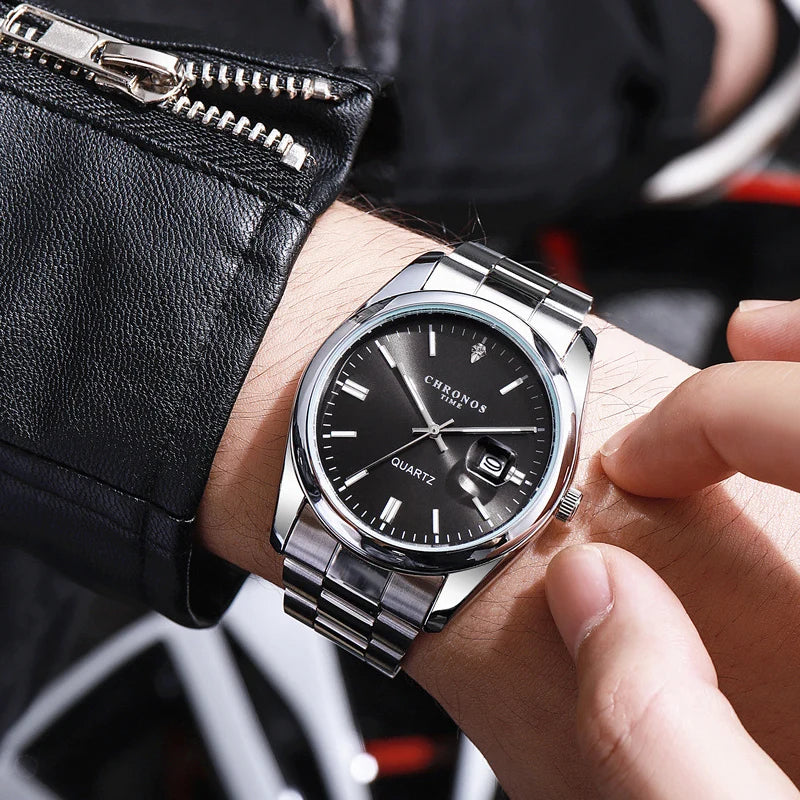 Męski zegarek na rękę CHRONOS – luksusowa marka, wodoodporny, podświetlany, z datownikiem, ze stali nierdzewnej, z mechanizmem kwarcowym.