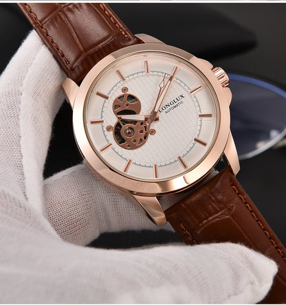 Automatic Watch Minimalist Elegant Everyday Skeleton Waterproof Mechanical Watches Rose Gold Leather Mens Watch Men Gift for Him