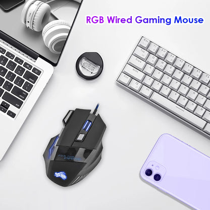 Trådbunden gamingmus med 7-färgad bakbelysning, justerbar 5500 DPI, svart trådbunden optisk gamingmus för PC-gamer och stationär dator