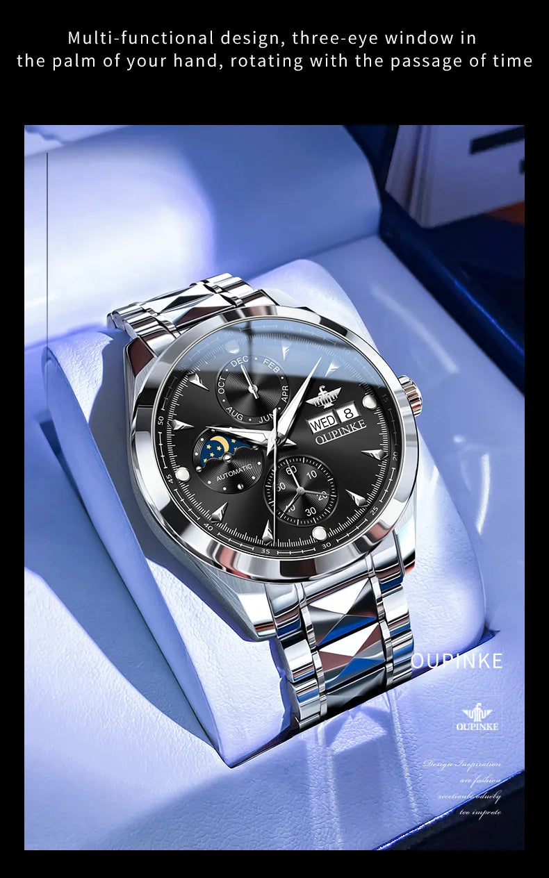 OUPINKE 3299 Automatic Man Watch Exclusive Dual Calendar Luxury Mechanical Wristwatches Moon Phase Waterproof Chronogprah Watch