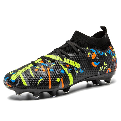 Chaussures de football mi-hautes FG pour terrain ferme, empeigne texturée imprimée graffiti, bottes de football à lacets, crampons durs transparents professionnels