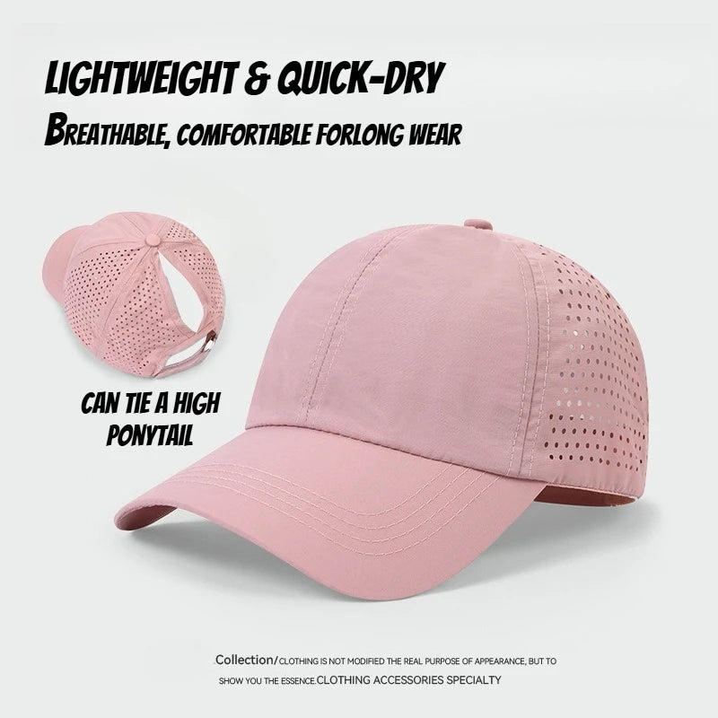 1 unidad de gorras de béisbol con lengüeta de secado rápido para mujer, protección de verano, malla transpirable, gorra transpirable, elegante y ajustable, ideal para llevar la coleta.