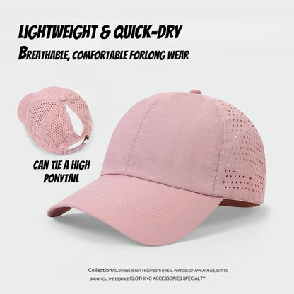 1 unidad de gorras de béisbol con lengüeta de secado rápido para mujer, protección de verano, malla transpirable, gorra transpirable, elegante y ajustable, ideal para llevar la coleta.