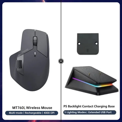 Rapoo MT760 Multi-Mode Rechargeable Wireless Mouse, Ergonomic Bluetooth Mouse with 4000 DPI, Easy-Switch for Up to 4 Devices, USB-C Rechargeable