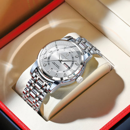 Trendy, luxury POEDAGAR men’s wristwatch, water-resistant, made of stainless steel, with luminous hands, date display and quartz movement.