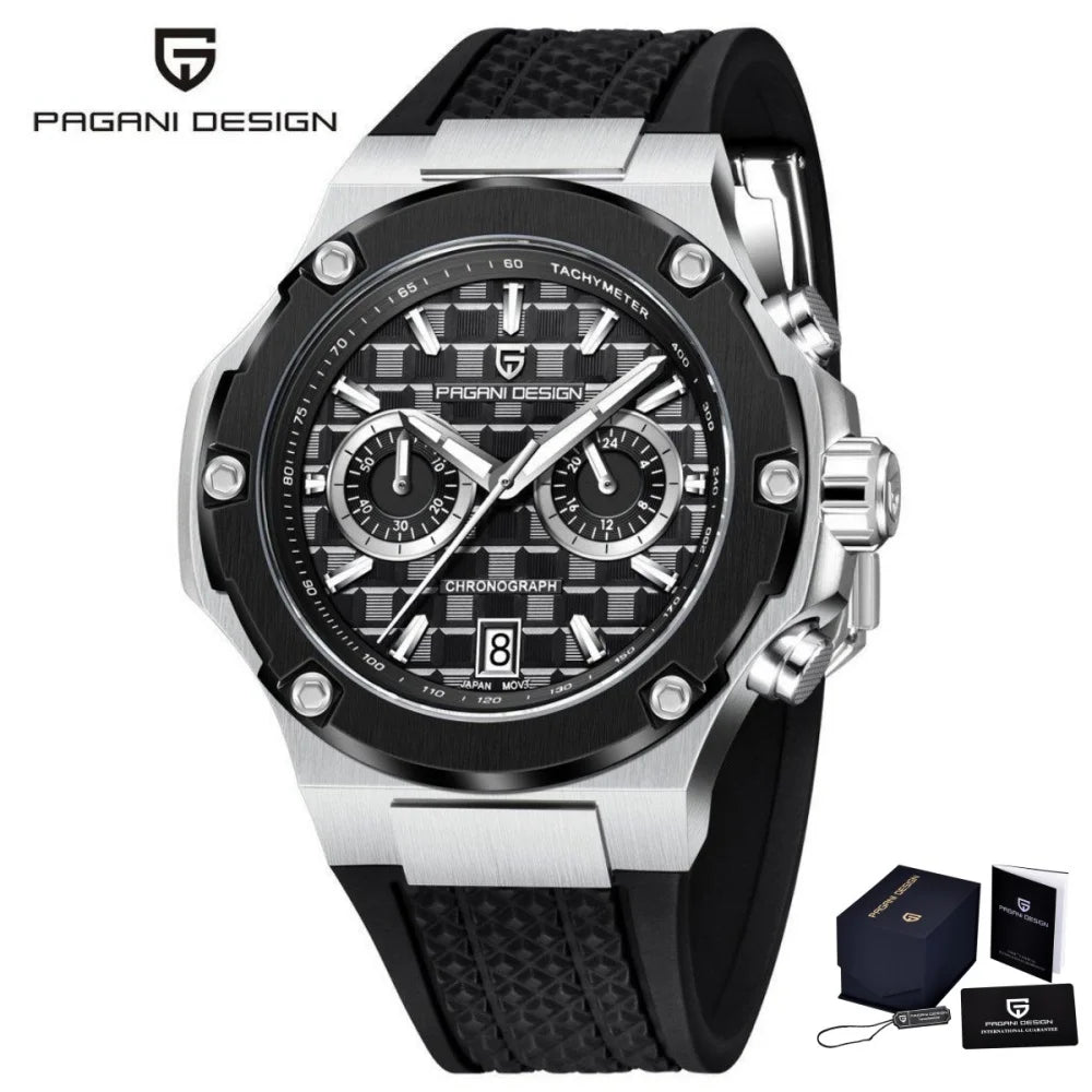 PAGANI DESIGN PD-YS032 Men's Quartz Watch 44mm Japan VK64 Movt Stainless Steel Case Rubber Strap Sapphire Glass 100M Waterproof