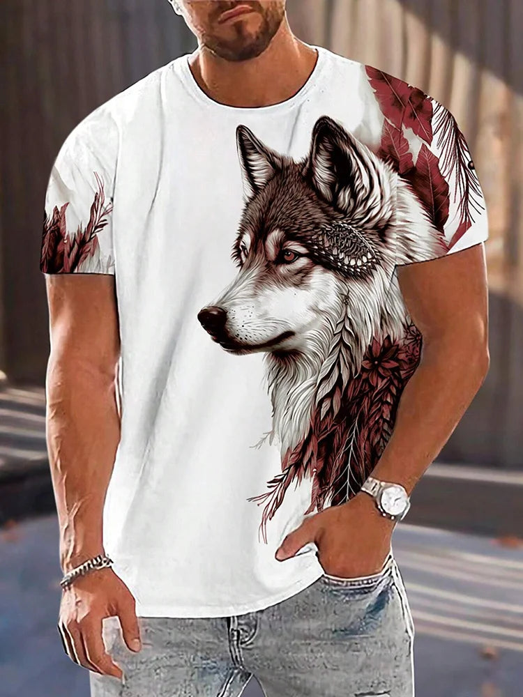 T-shirt da uomo con stampa 3D lupo, girocollo casual, maniche corte, tessuto traspirante e confortevole, abbigliamento streetwear outdoor da uomo