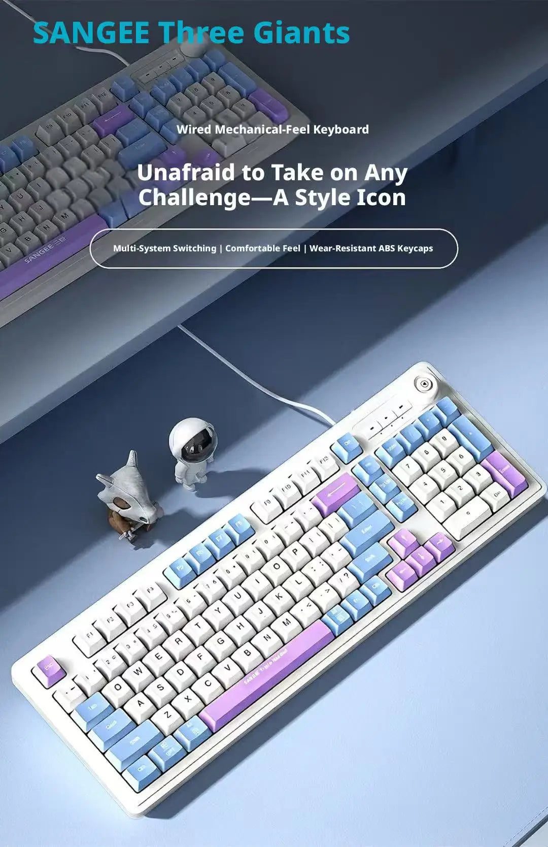 Kablet gaming-tastatur med mekanisk tastfølelse og drejeknap samt trefarvet blandet baggrundsbelysning til PC, stationær computer og bærbar computer – tilbehør