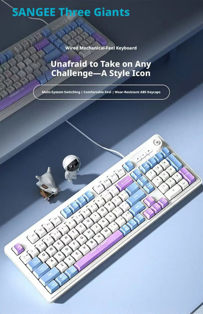 Kablet gaming-tastatur med mekanisk tastfølelse og drejeknap samt trefarvet blandet baggrundsbelysning til PC, stationær computer og bærbar computer – tilbehør