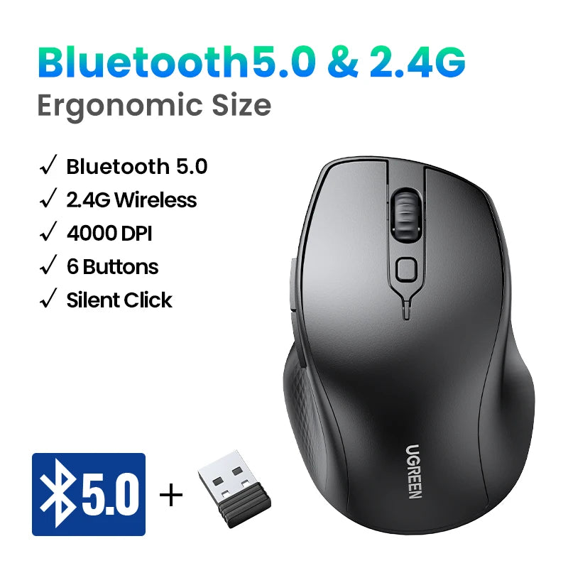 UGREEN Wireless Mouse Bluetooth 5.0 Ergonomic Mouse, 4000 DPI Silent Wireless Mouse with 2.4G USB Receiver, 6 Buttons for MacBook, Laptop, PC & Tablet