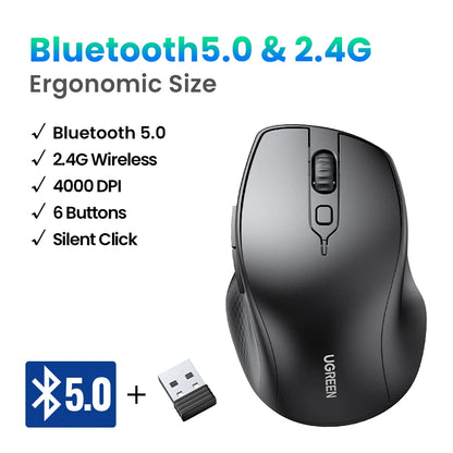 UGREEN Wireless Mouse Bluetooth 5.0 Ergonomic Mouse, 4000 DPI Silent Wireless Mouse with 2.4G USB Receiver, 6 Buttons for MacBook, Laptop, PC & Tablet