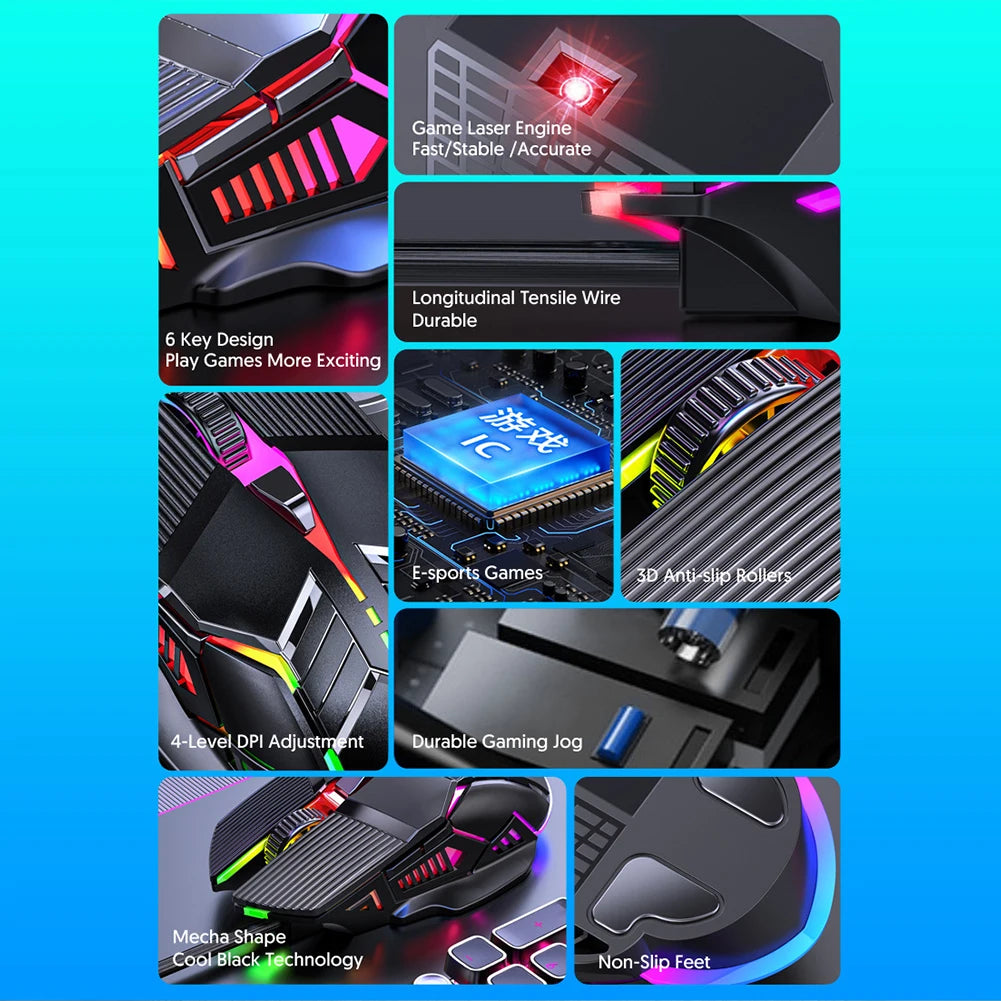 3200DPI ergonomisk trådbunden gamingmus USB datormus gamingmus med RGB-bakgrundsbelysning 6 knappar LED tyst mus för PC och laptop