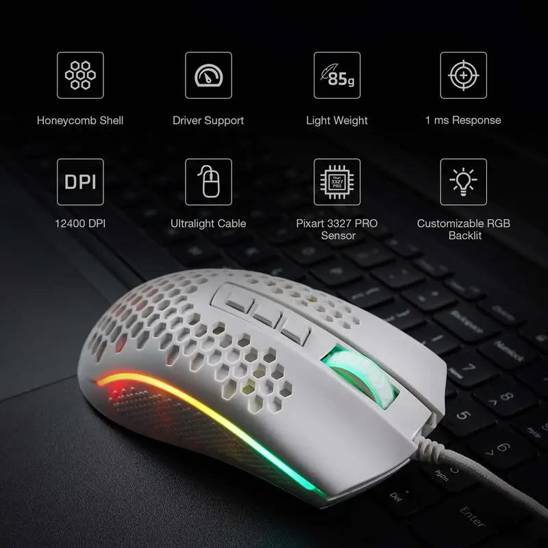 Redragon M808 Storm Lightweight RGB Gaming Mouse, Wired USB Gaming Mouse with 12,400 DPI Optical Sensor, 7 Programmable Buttons for PC Gaming