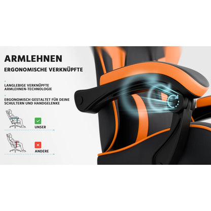 Ergonomic Gaming Chair with Lumbar Support, Adjustable PU Leather Computer Chair, Reclining Office Gaming Chair with Footrest, Black Orange