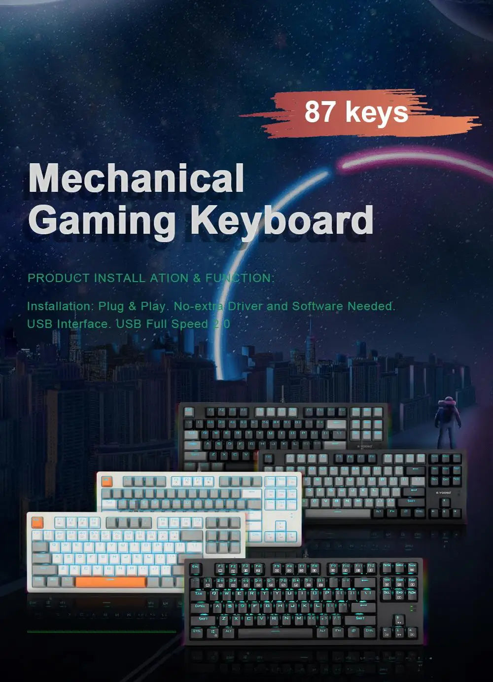 E-YOOSO K620 USB Mechanical Gaming Keyboard Wired Blue Red Switch Monochrome LED Backlit 87 Key for Compute Laptop PC