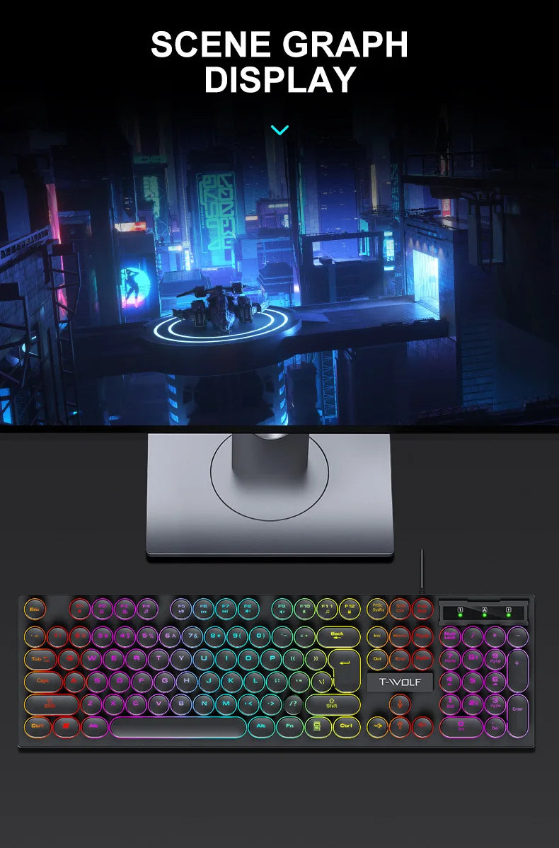 Typewriter style Mechanical feel Gaming Keyboard,Wired,RGB Backlit,Round Keycaps Mouse and Keyboard Bundle Waterproof 104-Key