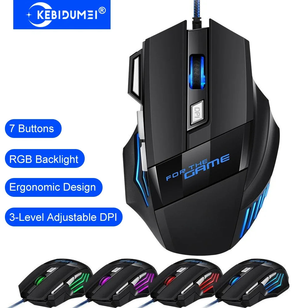 KEBIDUMEI Ενσύρματο Gaming Ποντίκι 7 Κουμπιών με Οπίσθιο Φωτισμό RGB Εργονομικό USB Ποντίκι 2400 DPI 3 Επίπεδα DPI για PC Laptop Windows Mac OS