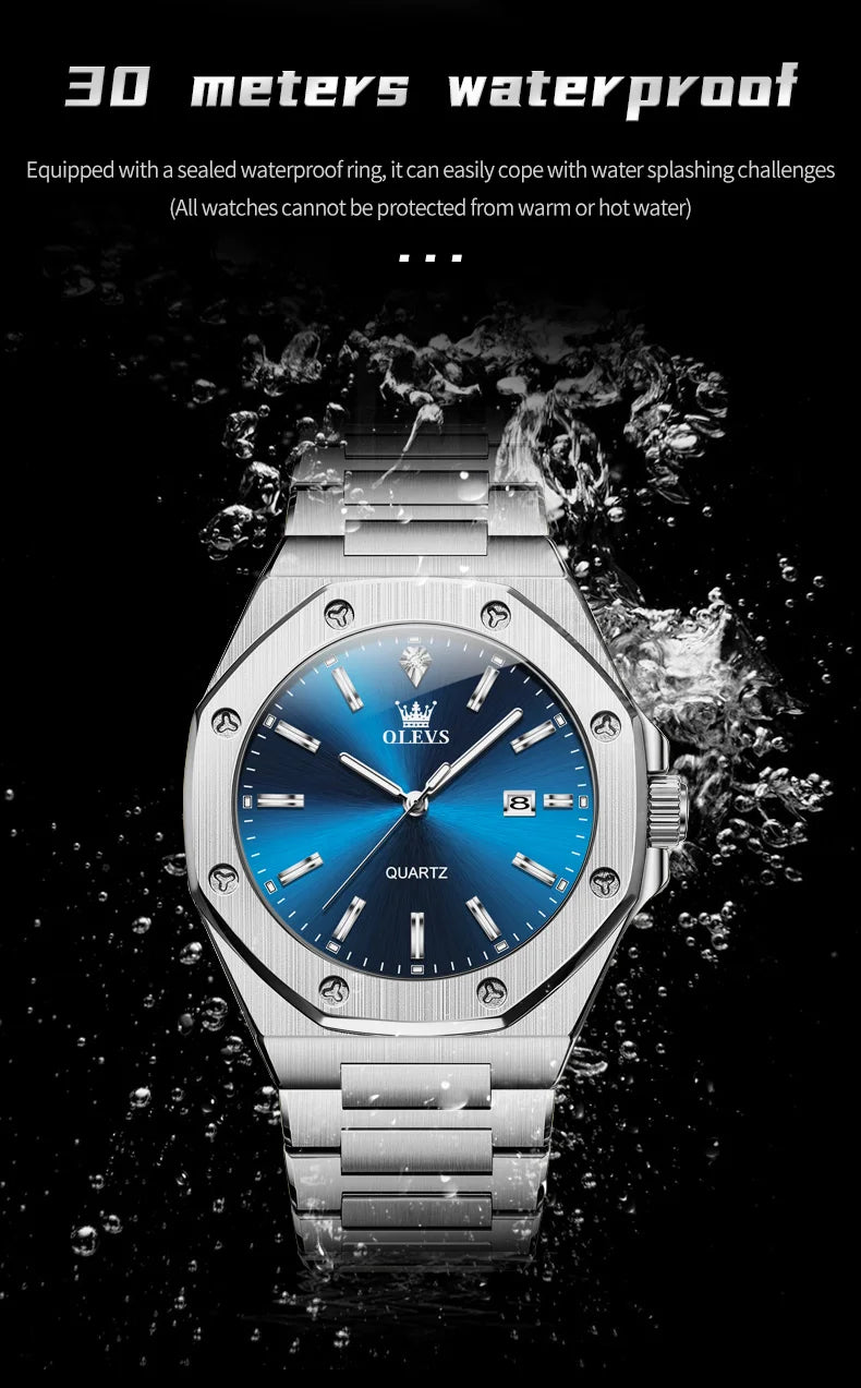 OLEVS Watches For Men Luxury Silver Blue Classic Quartz Watch for Man Waterproof Stainless Steel Luminous Reloj Hombre 2025