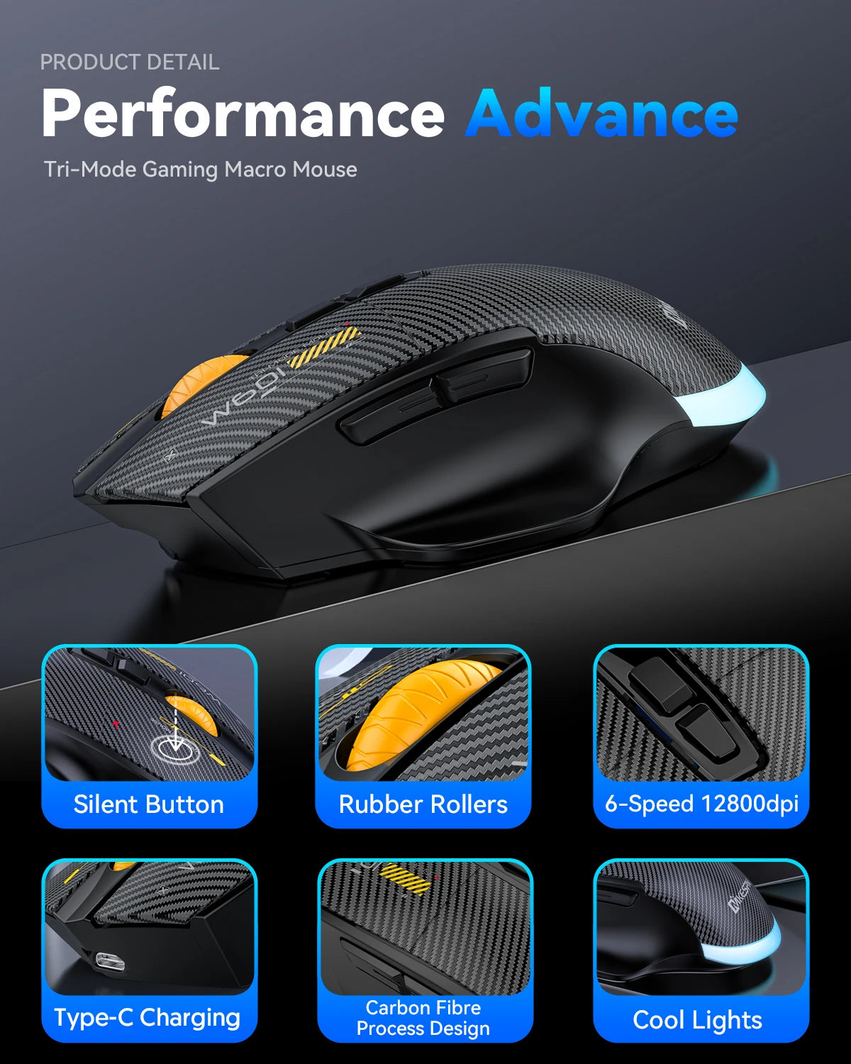 12800DPI Tri-Mode Wireless Gaming Mouse with Bluetooth, 2.4G & Wired Connection, Macro Programming, Carbon Fiber Design, 7 Keys Rechargeable Mouse