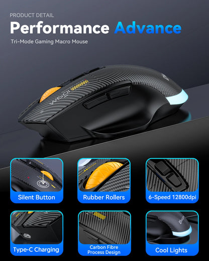 12800DPI Tri-Mode Wireless Gaming Mouse with Bluetooth, 2.4G & Wired Connection, Macro Programming, Carbon Fiber Design, 7 Keys Rechargeable Mouse