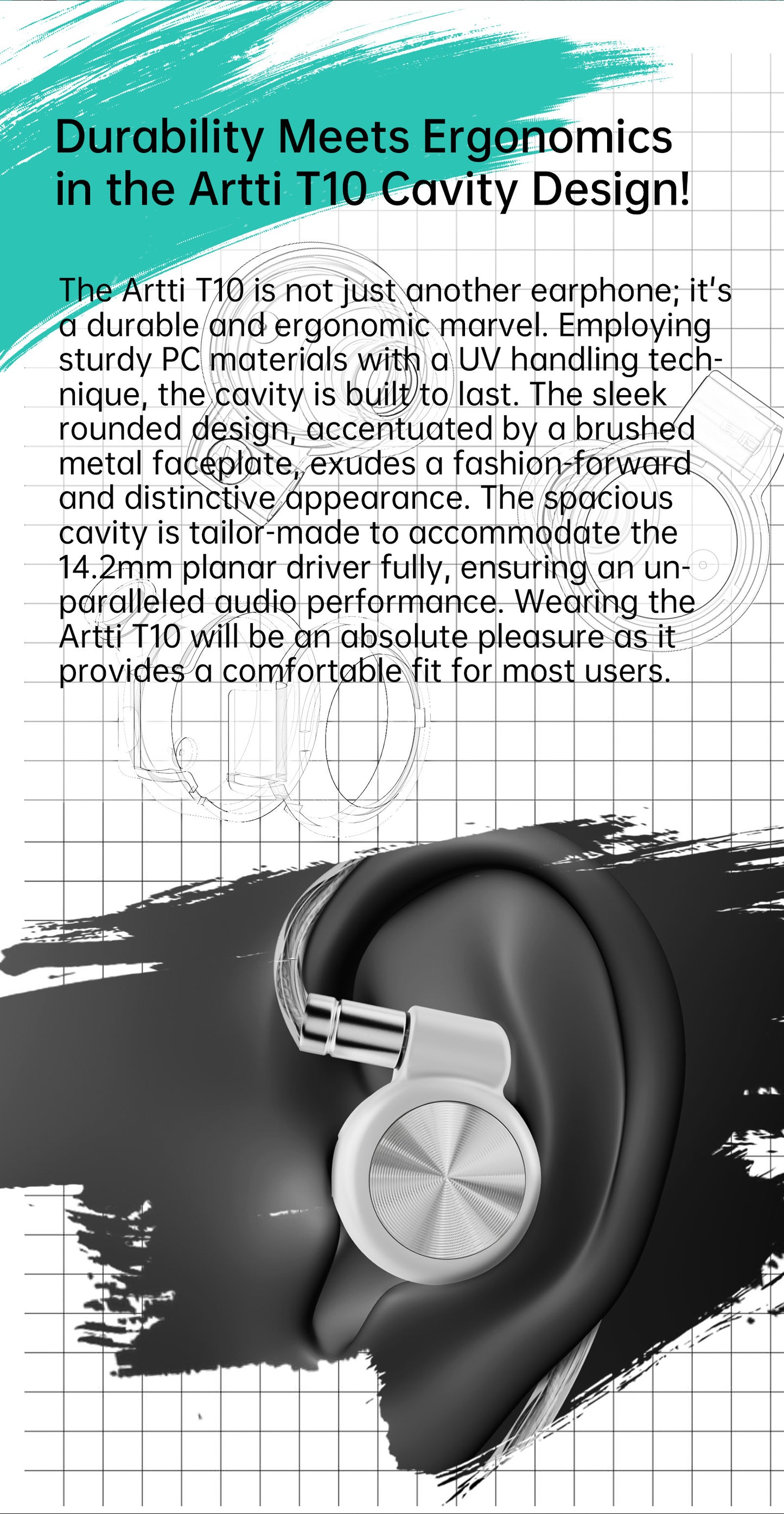 ARTTI T10 Planar Driver In-Ear HiFi Earphones, 14.2mm Wired IEM Monitors with Textured Bass, Detachable 0.78mm 2-Pin Cable, 3.5mm/4.4mm Audiophile Earphones