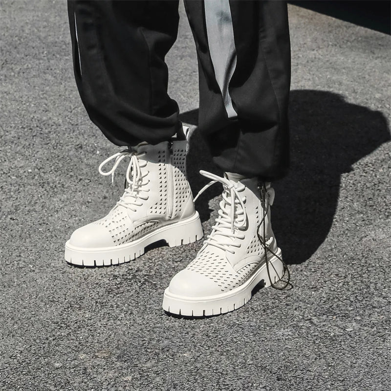 Non-Slip Men's High Top Casual Leather Shoes Street Style Motorcycle Boots New Stylish Ankle Boots Thick Bottom Walking Footwear