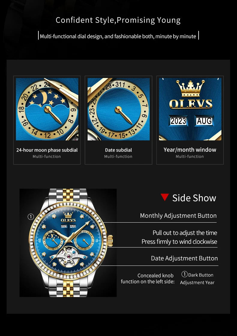 OLEVS 7016 Luxury Automatic Watch Men Skeleton Tourbillon Moon Phase Calendar Waterproof Stainless Steel Mechanical Wristwatch