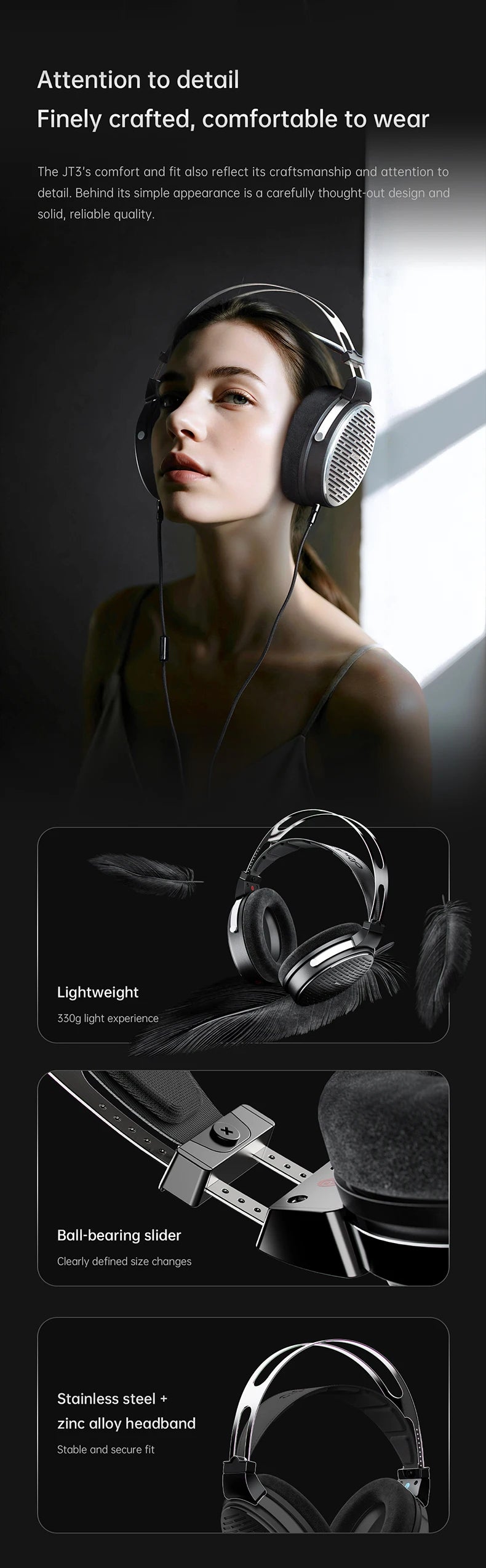 FiiO JT3 Open-Back Wired Over-Ear Headphones 50mm Dynamic Driver HiFi Detachable Cable Headset