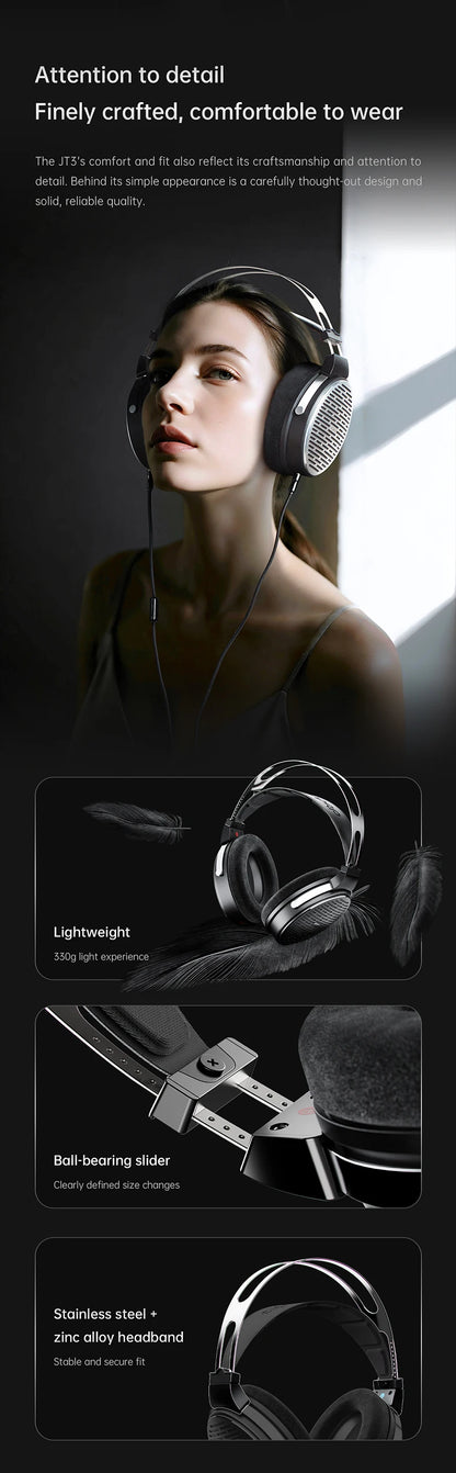 FiiO JT3 Open-Back Wired Over-Ear Headphones 50mm Dynamic Driver HiFi Detachable Cable Headset