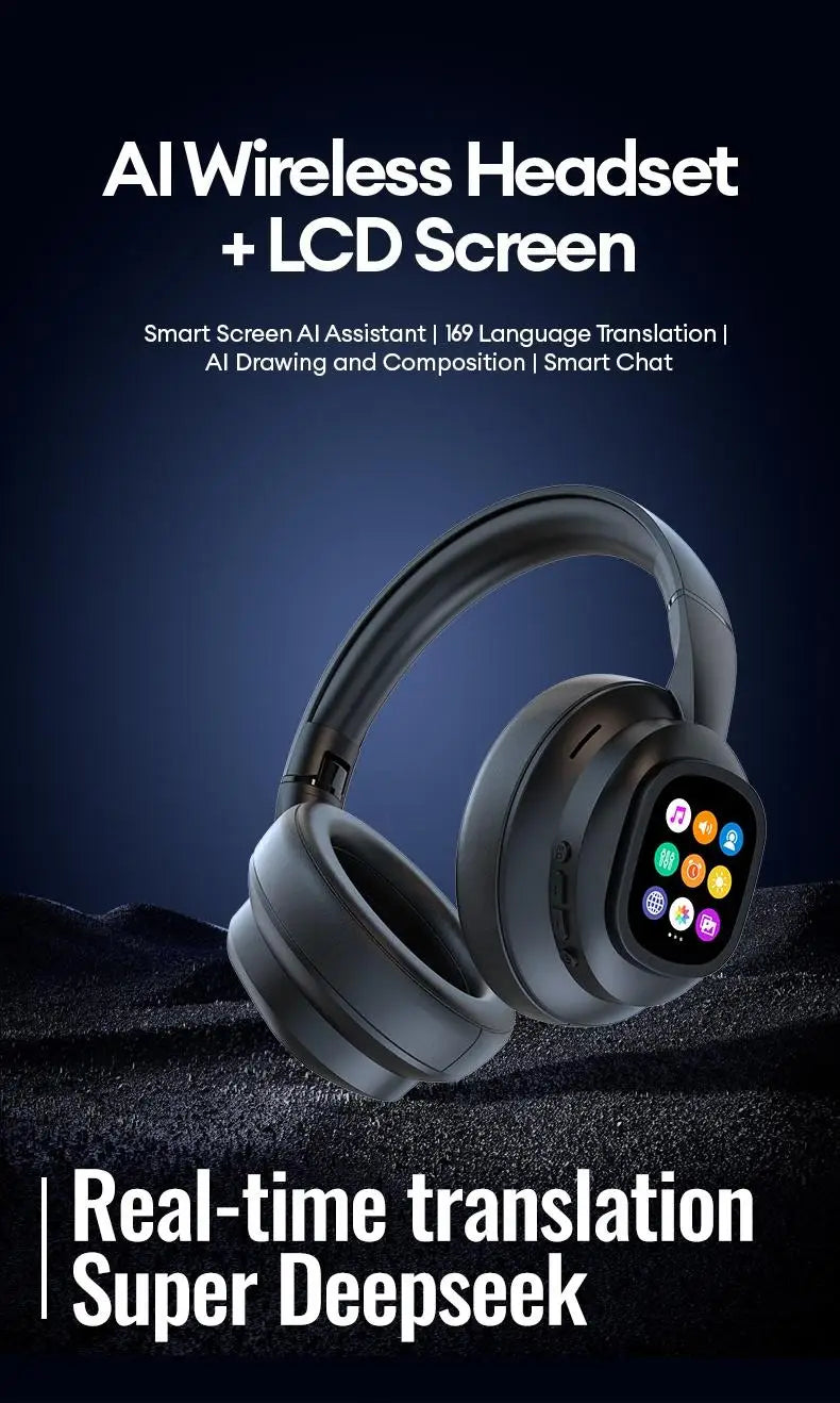 AI LCD Touch Screen Wireless Bluetooth Headphones – ANC Noise Cancelling Deep Bass Gaming Headset with HD Mic