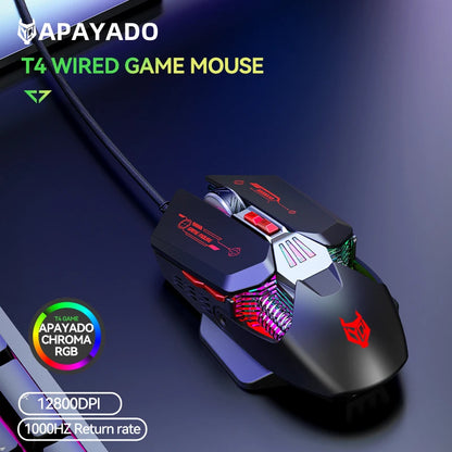 APAYADO T4 Wired Gaming Mouse 12800 DPI RGB Gaming Mouse with 1000Hz Polling Rate, Ultra-Light Cable, 60IPS Precision Mouse for PC & Laptop