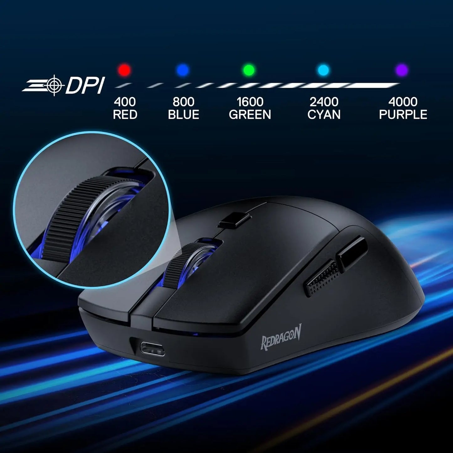 Redragon M618 LIT Wireless Gaming Mouse, 10000 DPI Ergonomic Optical Mouse with Bluetooth, 2.4GHz Wireless, 6 Programmable Buttons for PC & Laptop