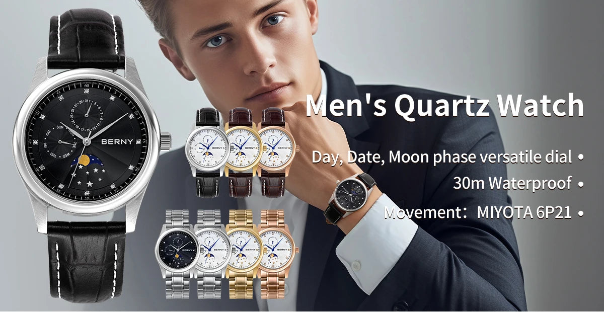 BERNY Men Watch Date Weeks Moon Phase Quartz Watches for Men Stainless Steel Leather Strap Business Wristwatch Male Clock